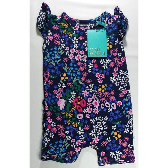 Posh Peanut Ruffled Cap Sleeve Short Length Romper 0-3 Months Endra Black Flower - Picture 1 of 9